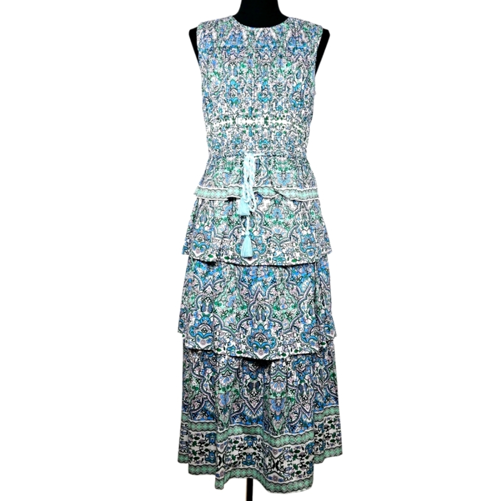 Shoshanna Blue Green Paisley Tiered Midi Dress